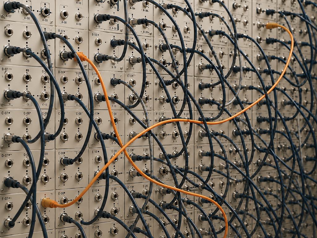 A complex patch panel with dark cables and orange cables making selected connections.